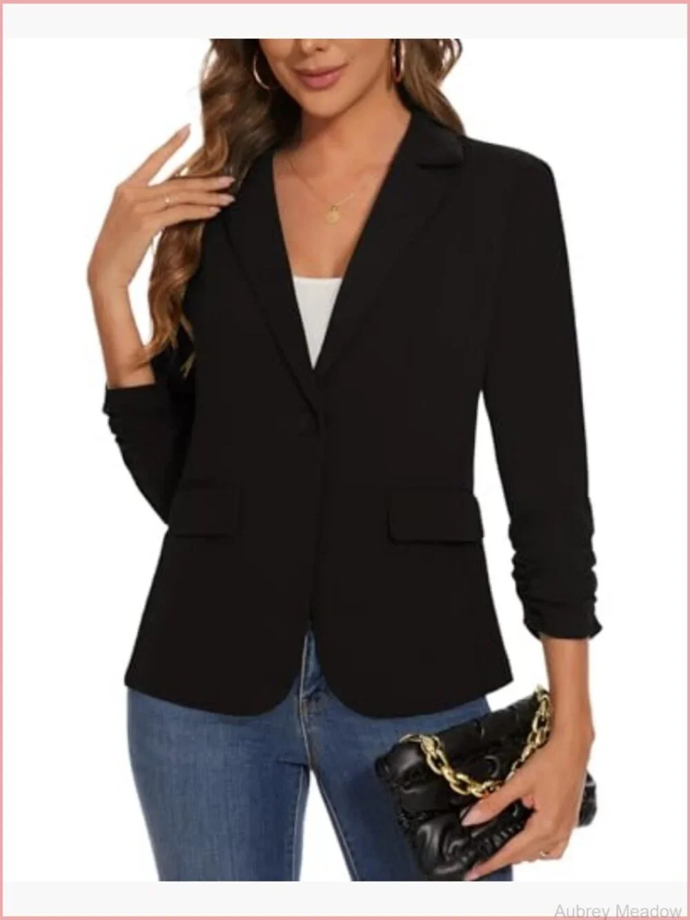 Casual Single Button Blazer Ruched 3/4 Sleeve Notched Lapel Lightweight Office
